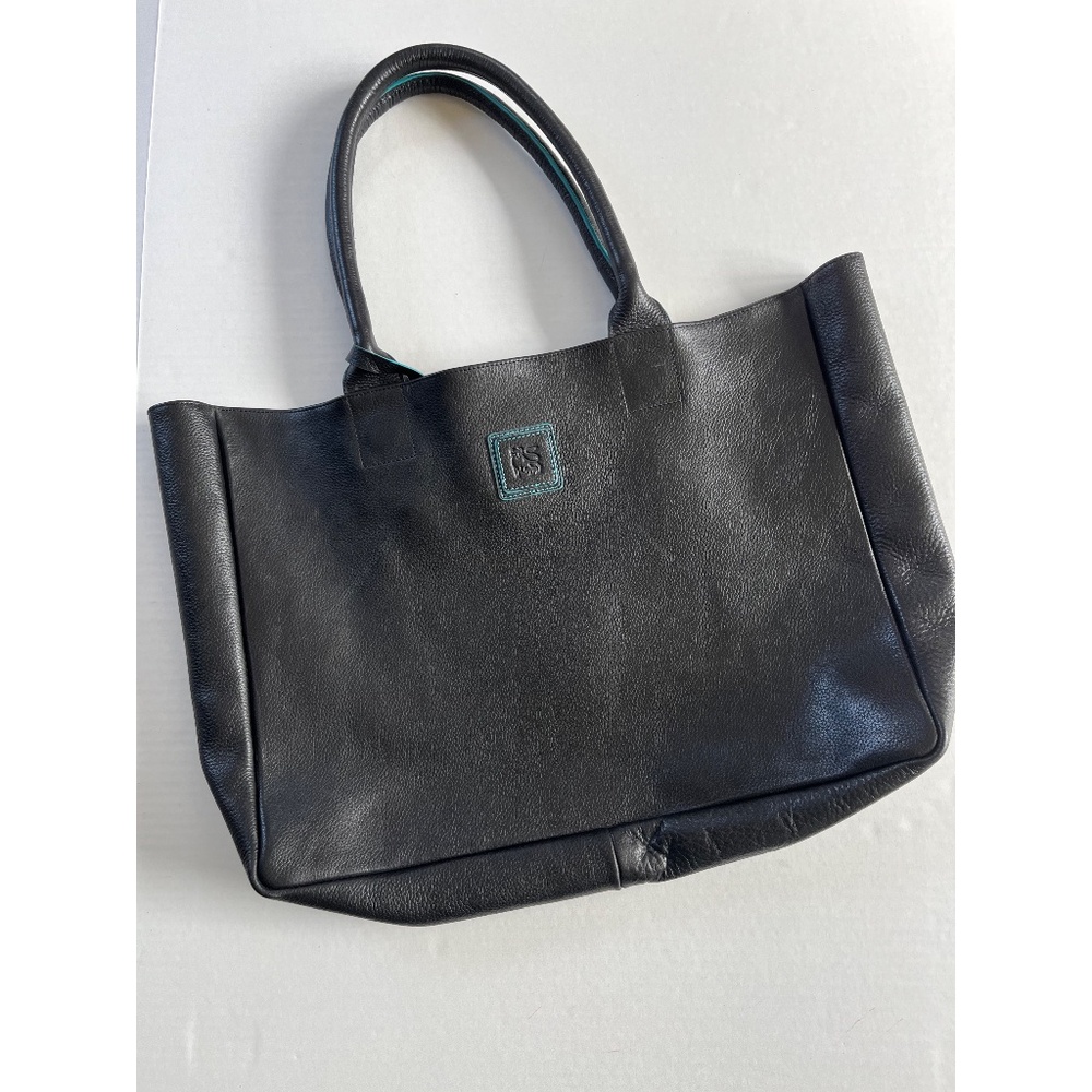 Black Deertan Cowhide Leather Tote Bag Teal Trim Classic Minimalist Purse